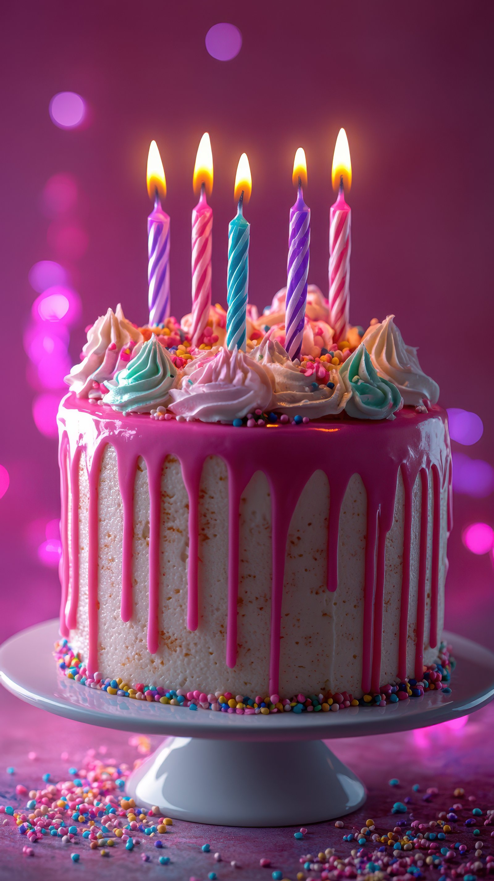 Colorful birthday cake with candles and sprinkles at a celebration party